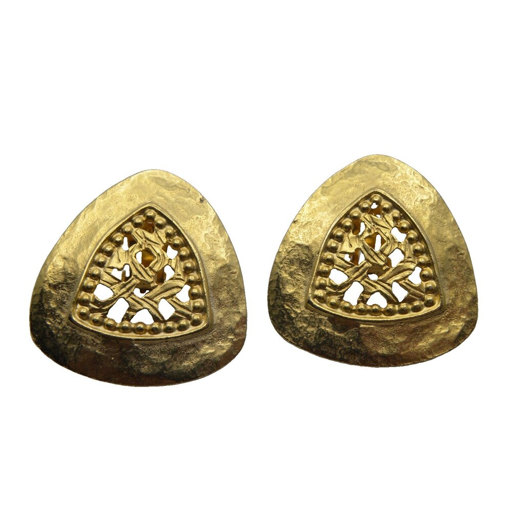 Vintage Gold Tone Triangle Earrings Clip On Chunky Brutalist Modernist Textured